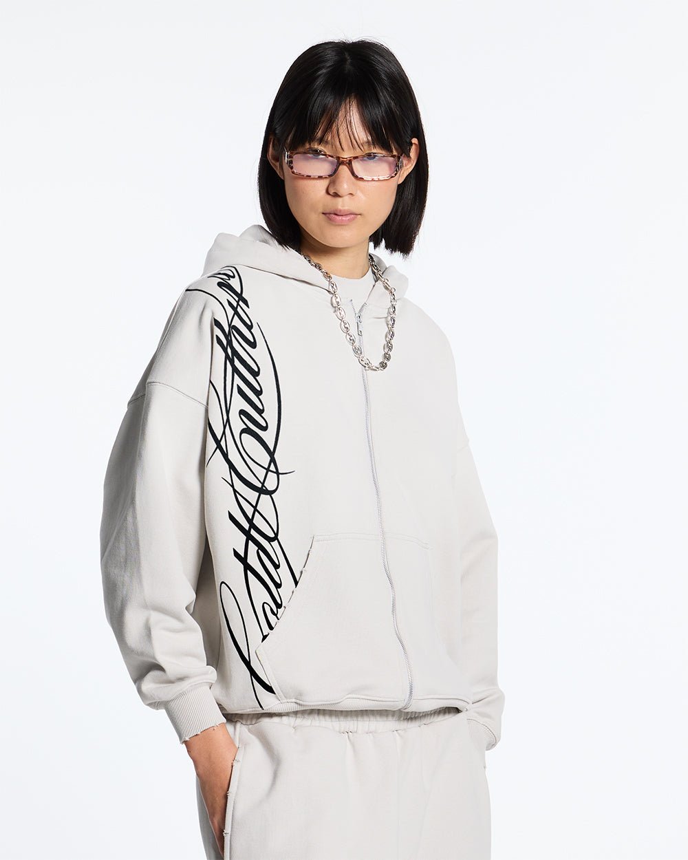 SCRIPT ZIP HOODIE LIGHT GREY - COLD CULTURE